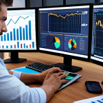 **A busy business analyst in a modern office, surrounded by charts and data visualizations, analyzing market trends with intensity. Focus on the digital tools and technology they are using.**