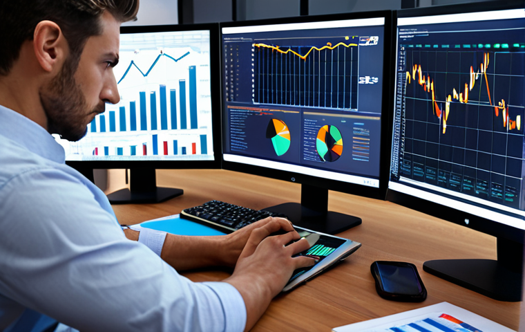 **A busy business analyst in a modern office, surrounded by charts and data visualizations, analyzing market trends with intensity. Focus on the digital tools and technology they are using.**