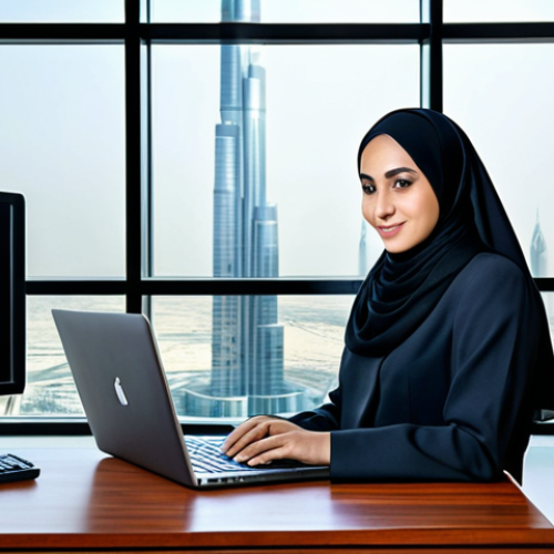 **

"A professional businesswoman, fully clothed in a modest, tailored abaya and hijab, working on a laptop at a sleek, modern desk in a bright office overlooking Dubai's skyline, safe for work, appropriate content, perfect anatomy, natural proportions, professional, modest, family-friendly."

**