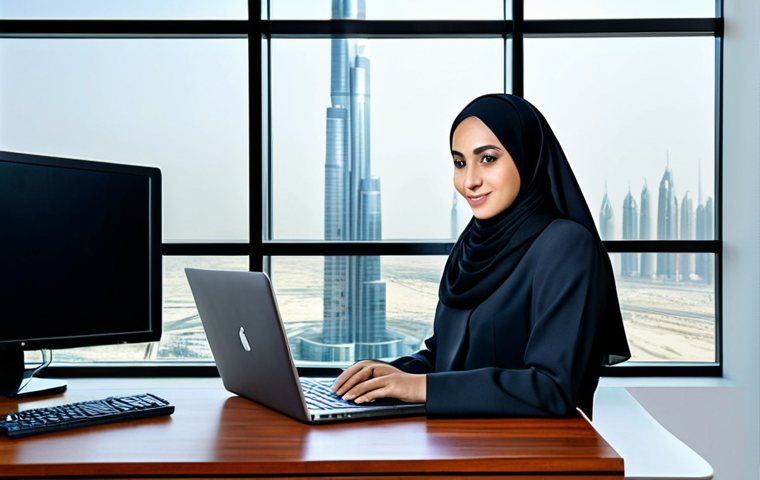 **

"A professional businesswoman, fully clothed in a modest, tailored abaya and hijab, working on a laptop at a sleek, modern desk in a bright office overlooking Dubai's skyline, safe for work, appropriate content, perfect anatomy, natural proportions, professional, modest, family-friendly."

**
