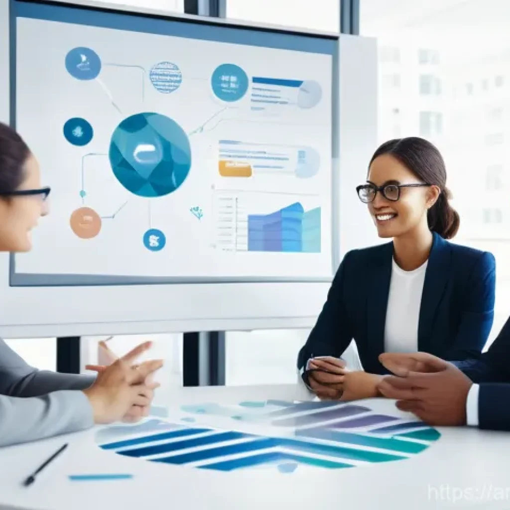 비즈니스 애널리스트 협업 능력 - **Prompt:** "A diverse group of five business professionals, including men and women, are actively c...