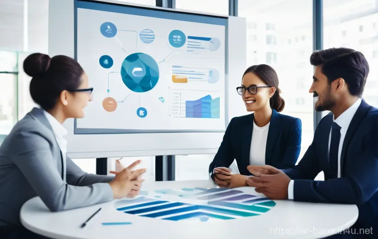 비즈니스 애널리스트 협업 능력 - **Prompt:** "A diverse group of five business professionals, including men and women, are actively c...