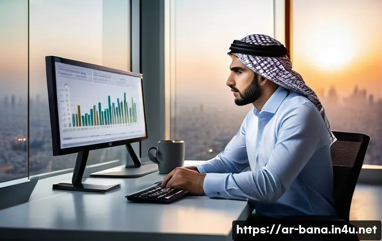 비즈니스 애널리스트 커리어 성장 - A professional Arab business analyst in a modern office environment, wearing smart business casual a...