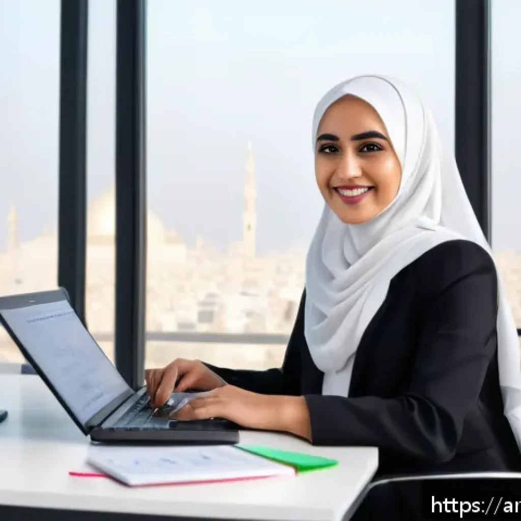 비즈니스 애널리스트 이직 사례 - A professional Arab business analyst woman in a modern office setting, wearing business casual attir...