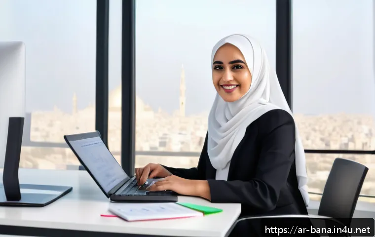 비즈니스 애널리스트 이직 사례 - A professional Arab business analyst woman in a modern office setting, wearing business casual attir...